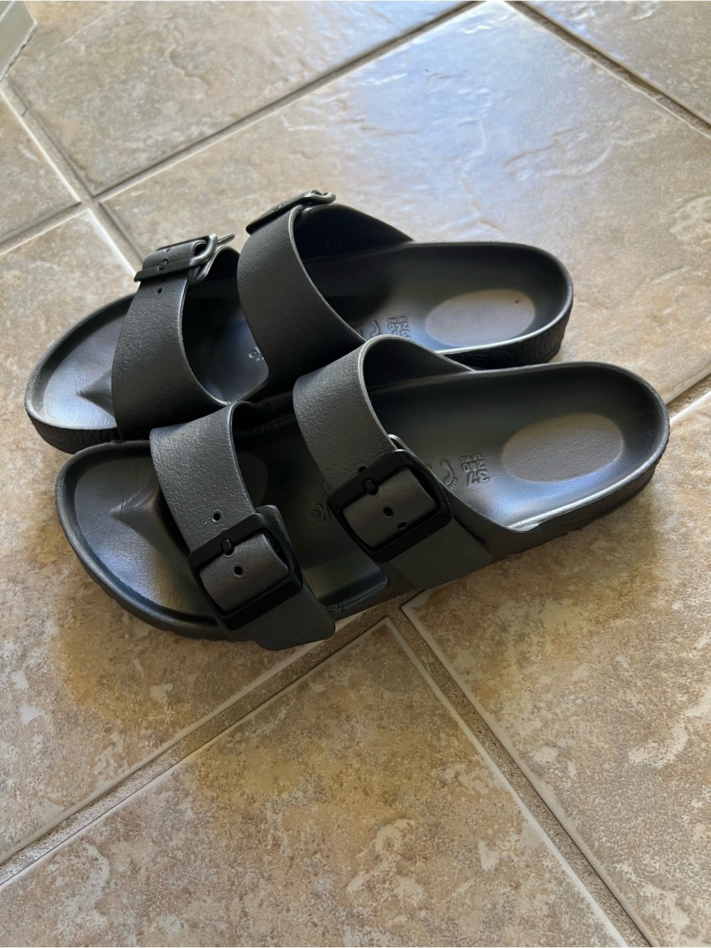 Birkenstock Arizona EVA Double-Buckle Sandals in Graphite Grey—great look!